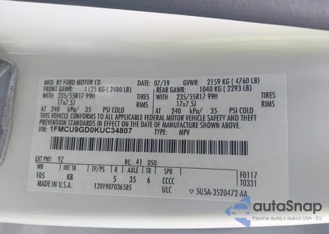 2019 Ford Escape Se from USA, damaged, VIN 1FMCU9GD0KUC34807